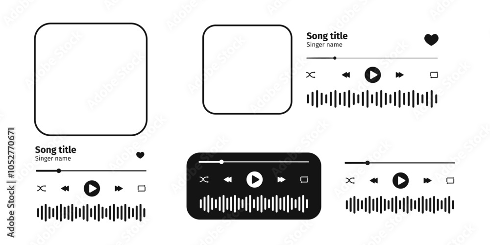 Wall mural mp3 player interface templates with album cover frame, buttons, progress loading bar and sound wave.