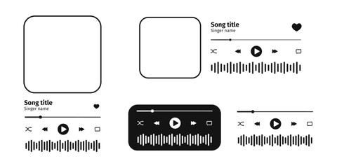 MP3 player interface templates with album cover frame, buttons, progress loading bar and sound wave. Audiobook, podcast or online radio playback widgets. Vector graphic illustration.