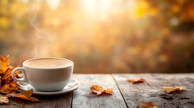 Steaming cup of coffee in focus with an elegant autumn-themed background, rich earthy tones, and a dedicated space for text, perfect for seasonal promotions