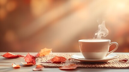 Beautiful coffee cup steaming on a gradient backdrop of autumn colors, soft orange and brown tones with space for text in a clean, inviting layout