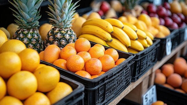 Fresh Fruit Displayed in Black Plastic Crates on Wooden Shelves