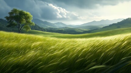 Obraz premium grassy field lone tree distance mountains background harmony swirly clouds inspiring green hill trees wind blowing long grass captured