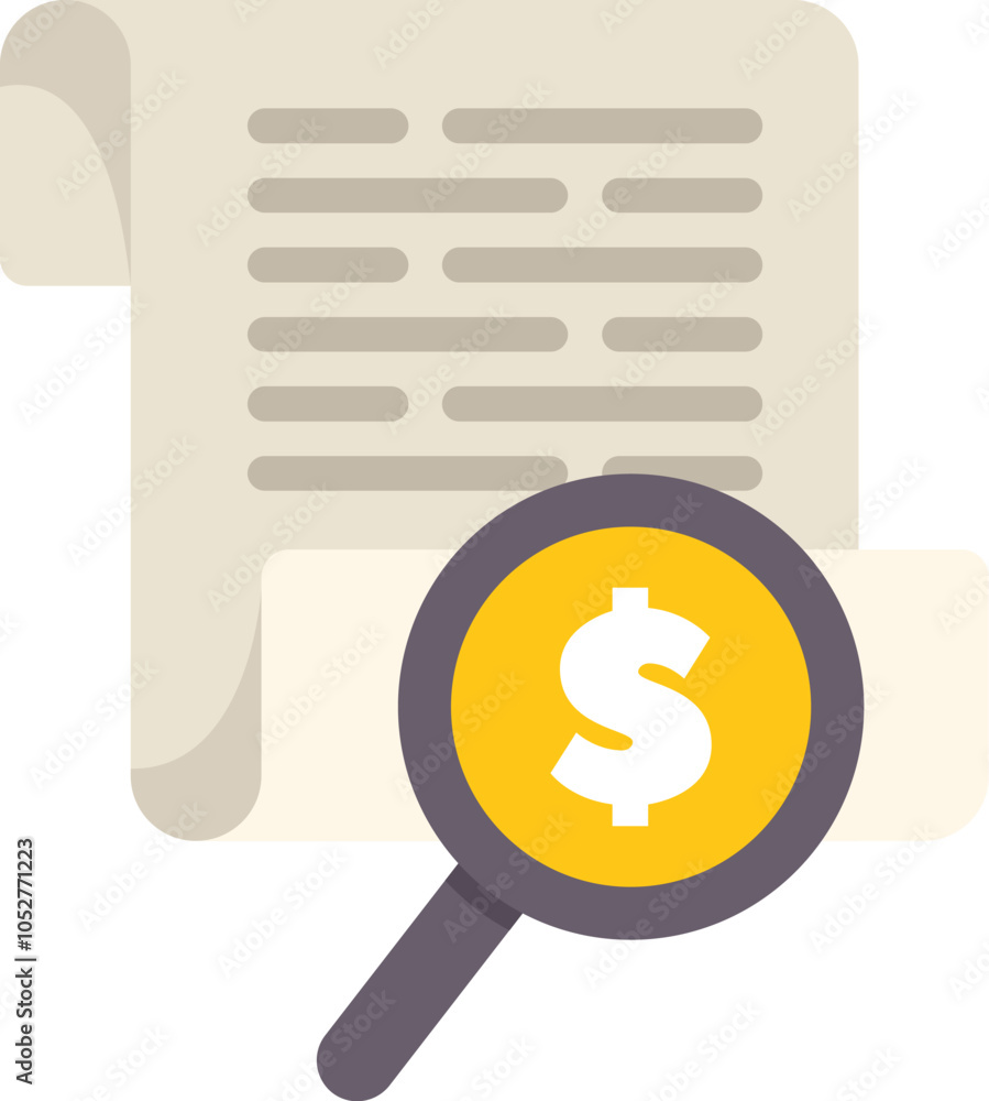 Poster magnifying glass is hovering over a document searching for a dollar sign in this image about financi