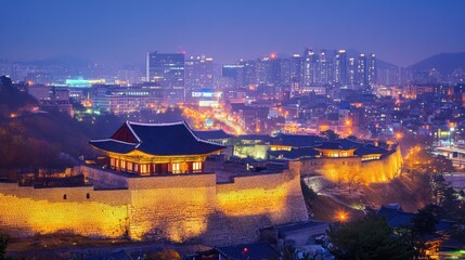Naklejka premium The vibrant cityscape of Suwon, featuring its illuminated fortress walls and modern