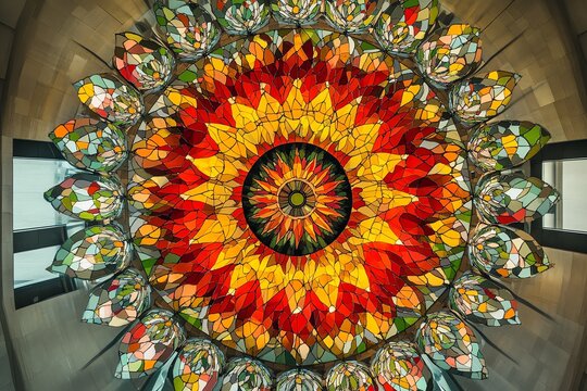 Mandala kaleidoscopique de fleurs orange et jaunes aux motifs g&eacute;om&eacute;triques complexes
