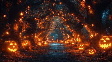 Enchanted Halloween forest with glowing jack-o'-lanterns.