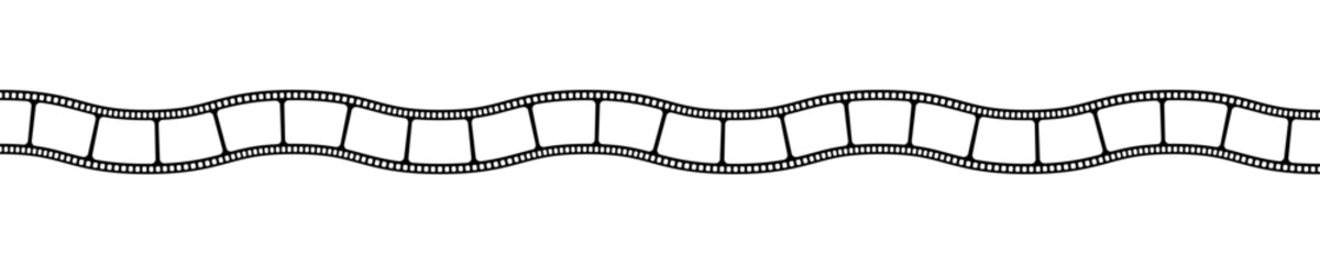Wavy horizontal film strip template. Curved movie camera tape isolated on white background. Storyboard layout. Vintage frame for creating photographies collage. Vector graphic illustration.
