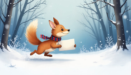 Sweet Woodland Squirrel Next to Blank Sign in Magical Winter Setting With Copy Space