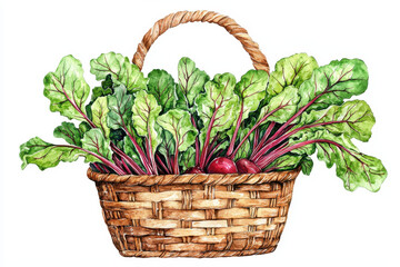 Naklejka premium A woven basket filled with vibrant, leafy greens and red beets, showcasing freshness and earthy tones.