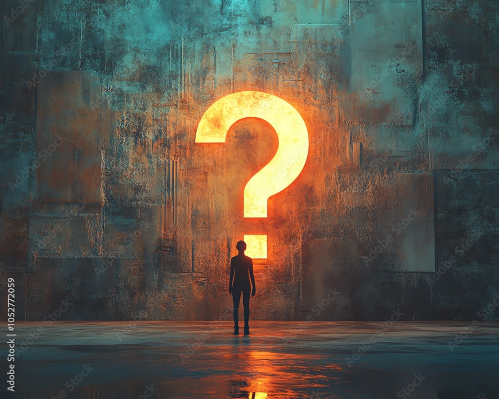 Poster 3d rendering of a silhouette of a person standing in front of an illuminated question mark on a text