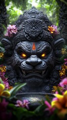 Obraz premium Close-up of a Balinese statue with glowing eyes and a detailed headpiece surrounded by tropical flowers.