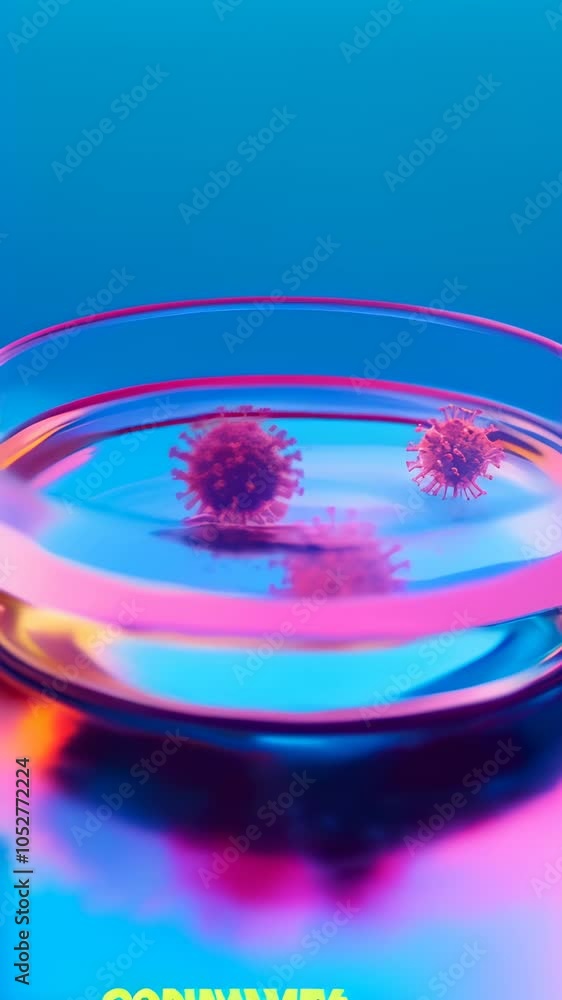 Poster Petri dish containing two virus cells floating on a colorful liquid, creating a vibrant and scientific scene with a neon light effect