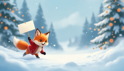 Energetic Red Fox Running with Blank Sign Through Winter Wonderland With Copy Space