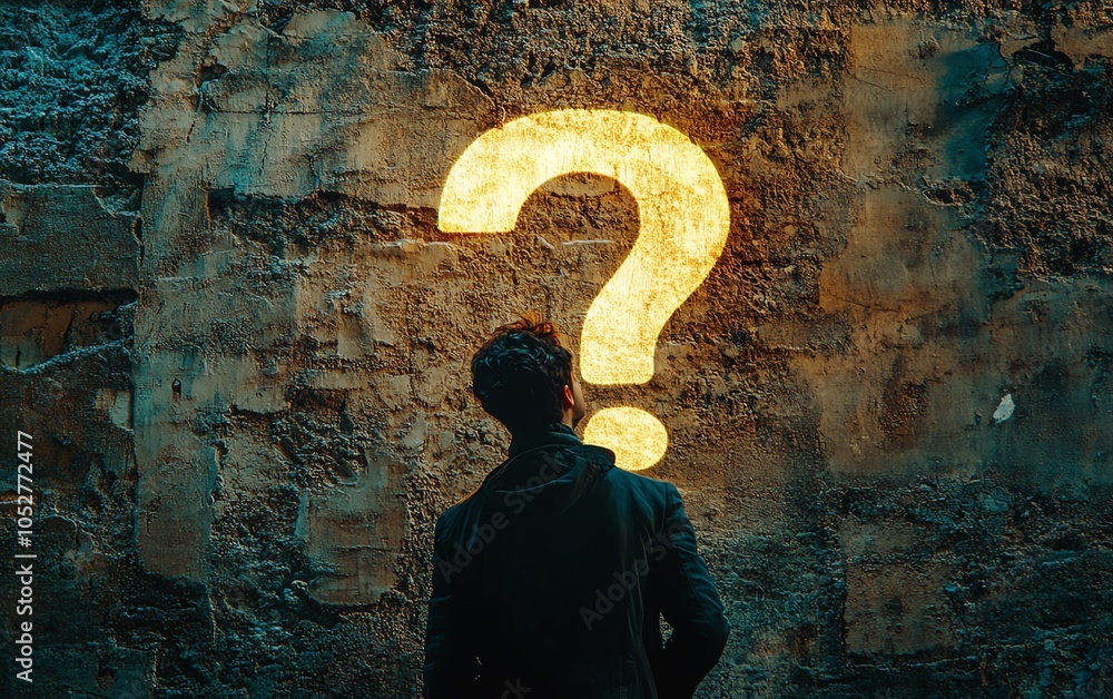 Poster closeup image of a silhouette facing a bright question mark illuminated on a textured wall, highligh