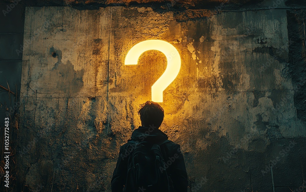 Poster closeup image of a silhouette facing a bright question mark illuminated on a textured wall, highligh