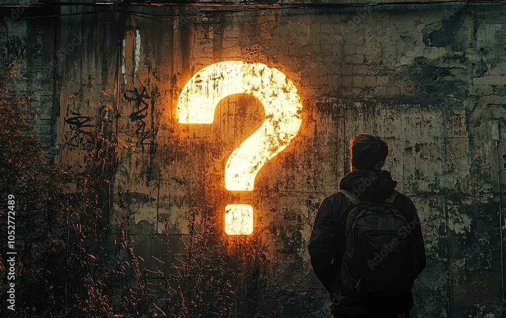 Poster closeup image of a silhouette facing a bright question mark illuminated on a textured wall, highligh