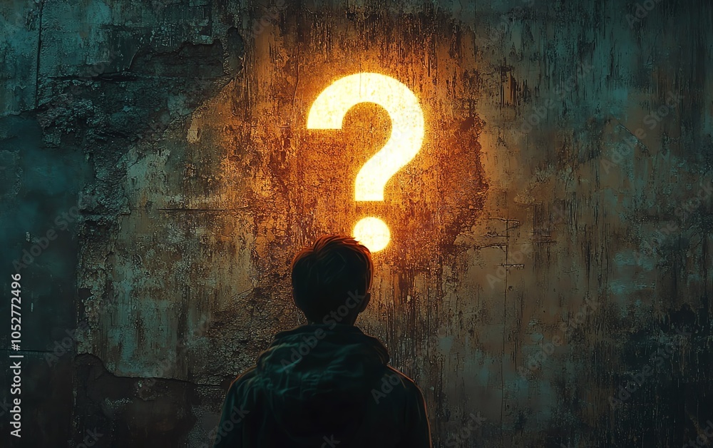 Poster closeup image of a silhouette facing a bright question mark illuminated on a textured wall, highligh