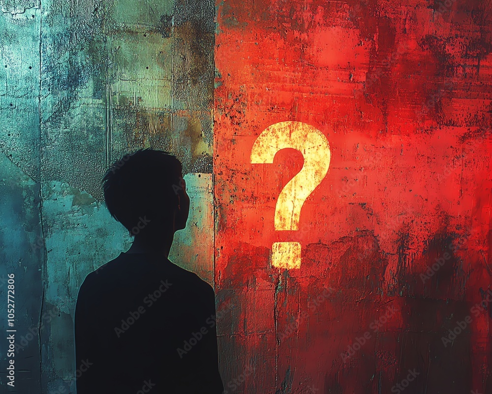 Poster dynamic composition featuring a person s silhouette looking at a bright question mark on a textured 