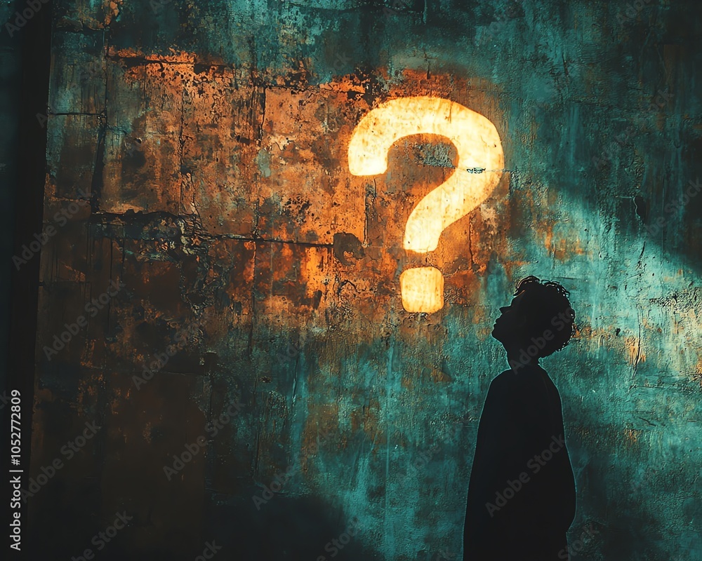 Poster dynamic composition featuring a person s silhouette looking at a bright question mark on a textured 