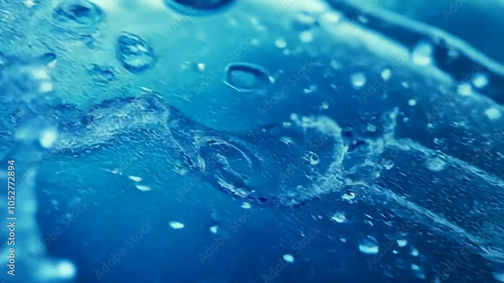 Poster a close-up view of water droplets on a blue surface, creating an abstract pattern