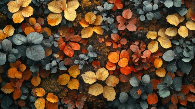 A detailed forest floor covered in autumn leaves, with intricate textures of moss and wood.