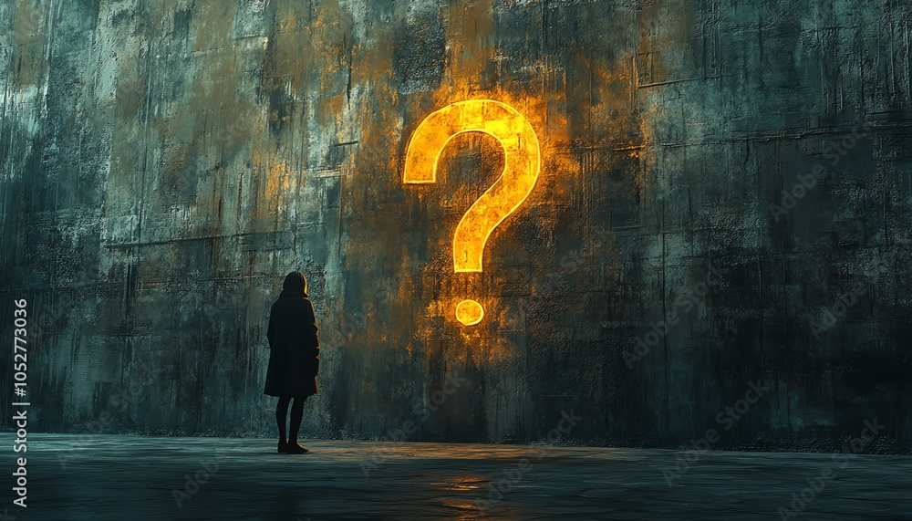 Poster highresolution rendering of a silhouette of an individual confronting a glowing question mark on a t