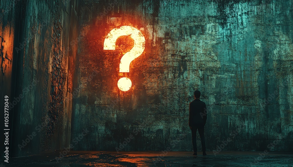 Poster highresolution rendering of a silhouette of an individual confronting a glowing question mark on a t
