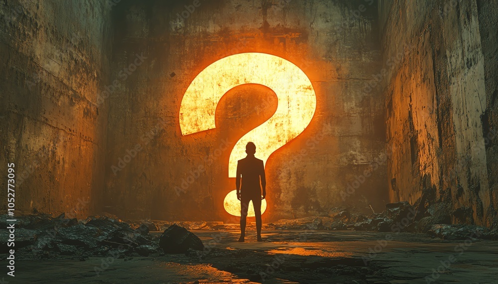 Poster stylized 3d illustration of a person s silhouette in front of an illuminated question mark on a text