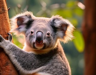 Fototapeta premium koala between tree branch with green forest background, koala is endemic animal from Australia 