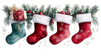 Bright Christmas card, festive stockings with toys and candy, hanging on fireplace with wreath, snowy background, isolated on white background