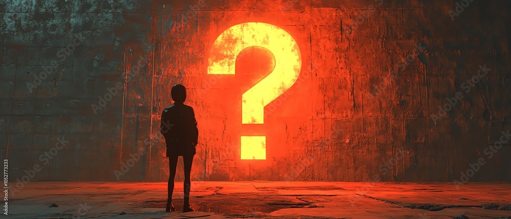 Poster vibrant 3d depiction of a silhouette of a person in front of an illuminated question mark on a textu