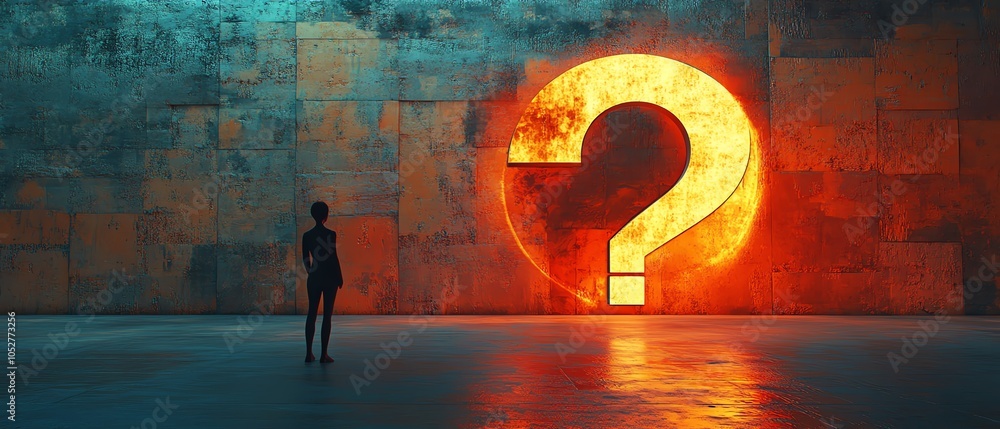 Poster vibrant 3d depiction of a silhouette of a person in front of an illuminated question mark on a textu