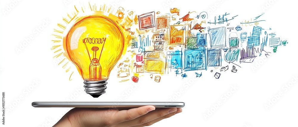 Poster contemporary design of a hand holding a tablet with a bright lightbulb and an array of business sket