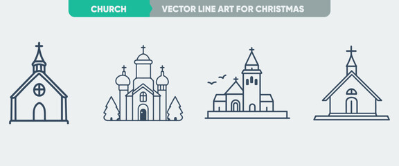Fototapeta premium Outline Icon Set: Minimal Thin Line Church Web Icons, Simple Vector for Christmas and New Year 