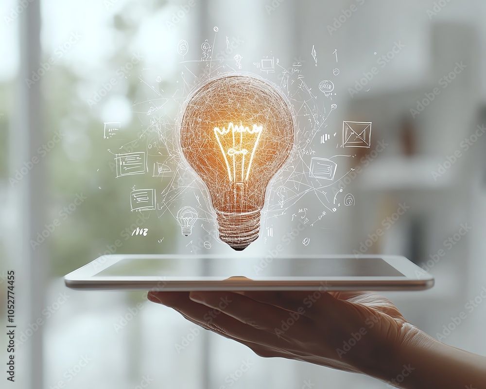 Poster 3d rendering of a hand holding a tablet with a floating lightbulb and various business sketches on a