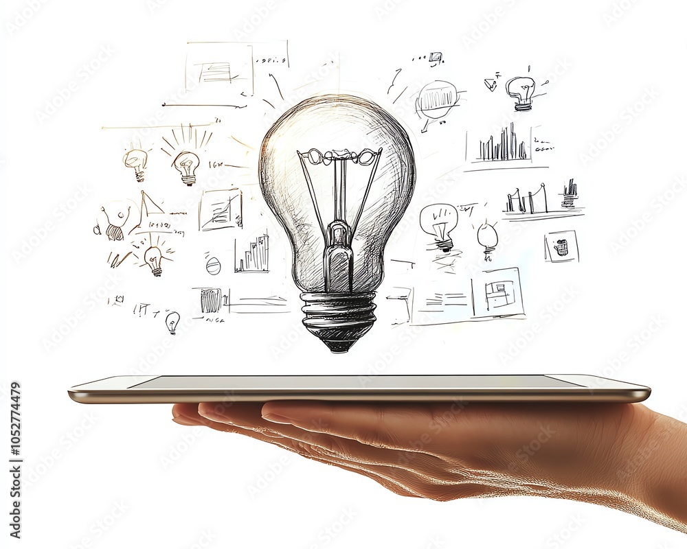 Poster 3d rendering of a hand holding a tablet with a floating lightbulb and various business sketches on a