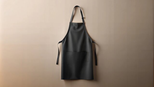 Plain black apron hanging on wall, kitchen accessory, minimalistic style, copy space
