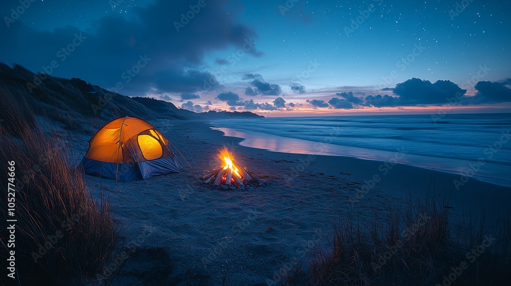 Poster a tranquil camping experience by the beach features a glowing tent and a crackling campfire. waves l