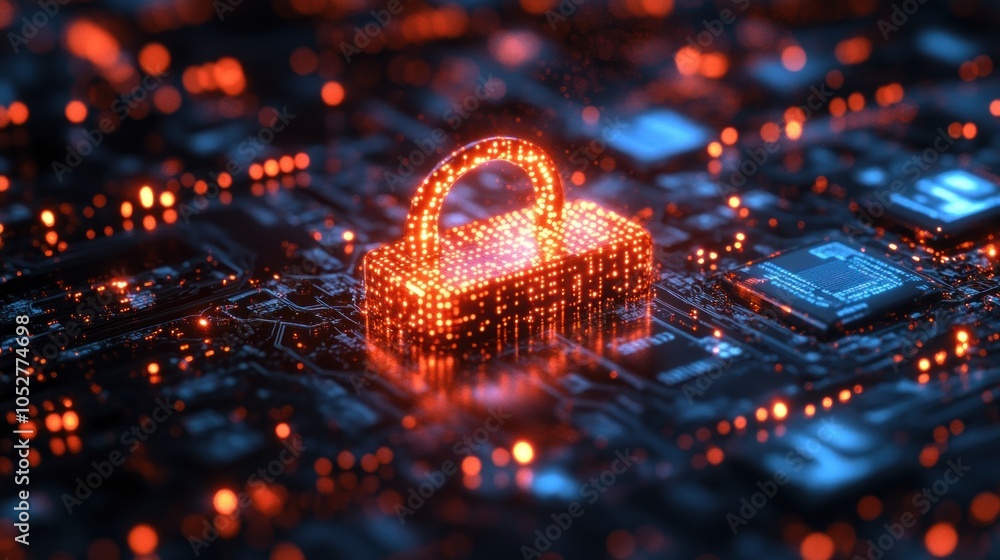 Poster digital padlock on a circuit board representing cybersecurity.