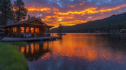 Fototapeta premium Lakeside Cabin with Stunning Fiery Sunset Sky and Water Reflection