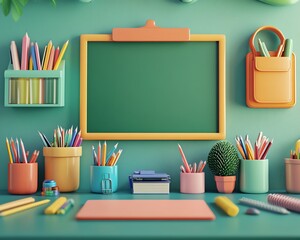 Vibrant 3D depiction of backtoschool supplies organized on a desk, with a green chalkboard backdrop, symbolizing enthusiasm and readiness for the new academic year