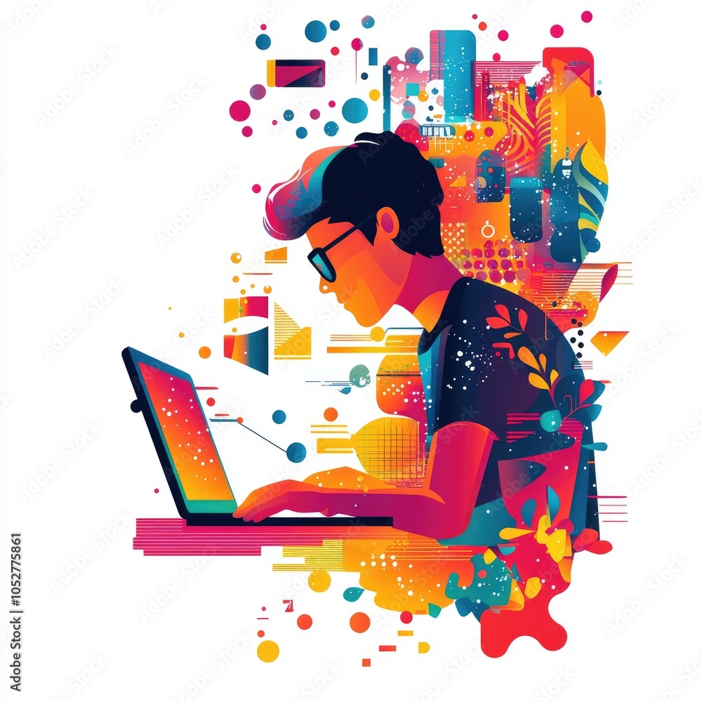 Poster a digital illustration of a man working on his laptop with colourful abstract patterns in the backgr
