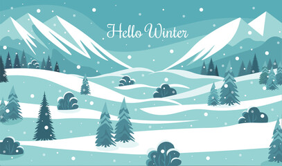 
Winter illustration with mountains, snowfall, trees and bushes in gentle winter colors. Postcard, banner with winter landscape and text. Nature. Snowdrifts and snowfall in the mountains. 