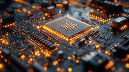 A detailed shot of a computer motherboard, with intricate circuits and microchips in hyper-detail.