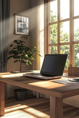 Table with laptop in home office interior. Work from home.