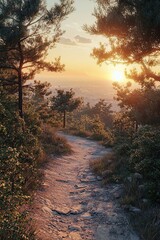 Hiking path and sunset in beautiful woods. Incentives.