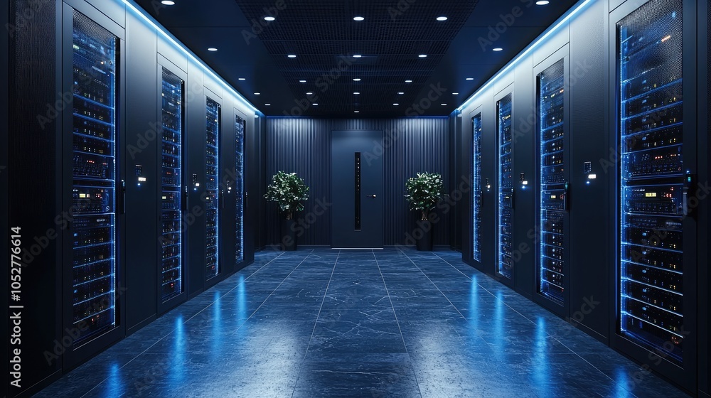 Aufkleber a long hallway in a modern data center with rows of servers on either side. the hallway is lit by bl