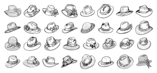 Vintage Summer Hats for Gentleman and Lady Doodle Style Collection Hand-drawn Sketches Including Fedora Panama Boater Sun Straw Wide-brimmed Cloche Bucket
