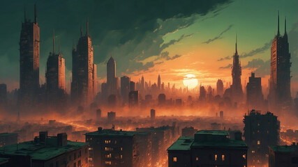 Naklejka premium city skyline at sunset