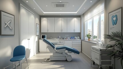 A modern and well-equipped medical examination room with a blue examination table, a chair, a window, and a sink.